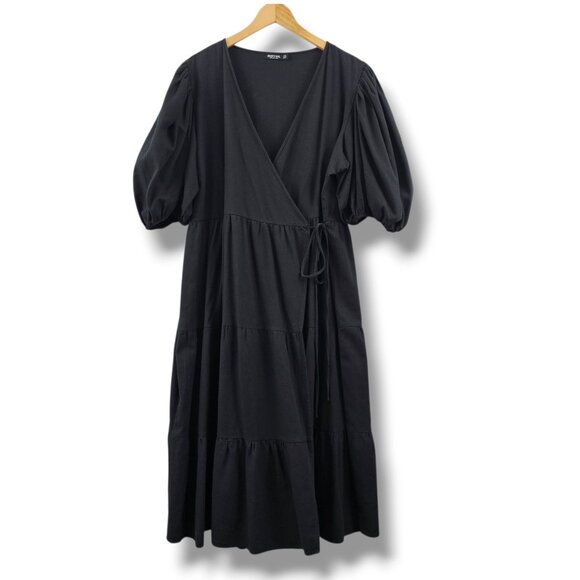 Nasty Gal Maxi Wrap Dress Black Puff Sleeve Tiered Size 18 Boho Milkmaid Grunge - Picture 1 of 11